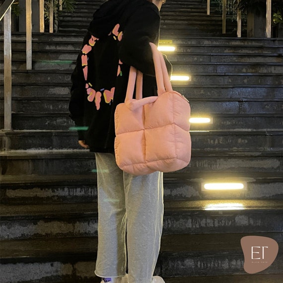 Pillow Puffer Tote in Pink Quilted Bag Nylon Shoulder Bag