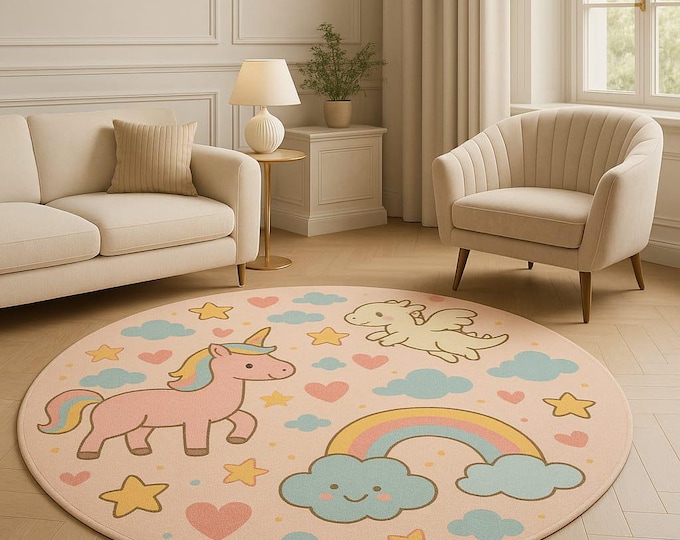 Pink Animal Rug, Harsh Modalist Pastel Nursery rug, for Bedroom Area Happy Clouds & Multicolored Handmade home decor Rug, Abstract Wavy Rug