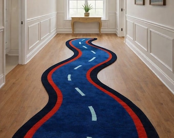 Road Shape Wool Rug Runner, Kids Playroom Carpet, Blue Handmade Wool Runner, Traffic Road Rug, Modern Kids Room Decor, Nursery Floor Rug
