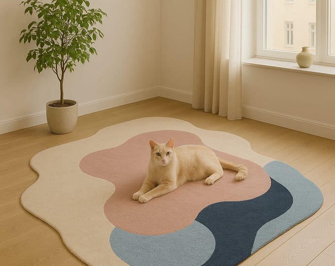 Cat Rug Soft Bloom Irregular Tufted Area Rug Cream, Blush Pink, | Modern Cozy Bedroom Living Room Rug for Cat Lovers, Boho Home Decor, 5x8