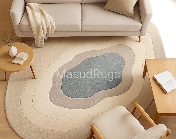 Modern White irregular abstract area rug, neutrals and soft blue, irregular wool carpet for living room and bedroom, 5x8 6x9 8x10 feet