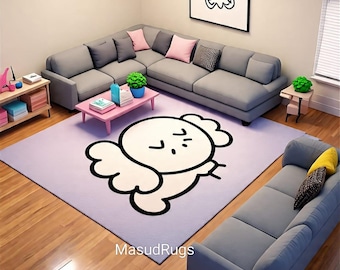 Hand-Tufted Wool Cartoon Rug, Modern Navy Blue & White Carpet