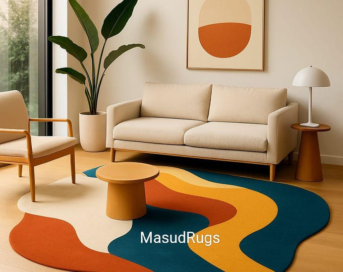 Tufted Rug Modern Abstract – Vibrant Wavy Design in Bold Blues & Orange | Artistic Handmade Carpet for Contemporary Decor 8x10 8x11 9x12 Rug