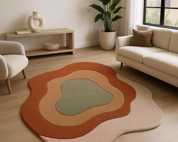 Handmade Modern Wool Rug with an Uneven Shape for Children's Room, Abstract Hand Tufted 6x9 8x10 9x12 Area Rug in Light Red Burnt Orange
