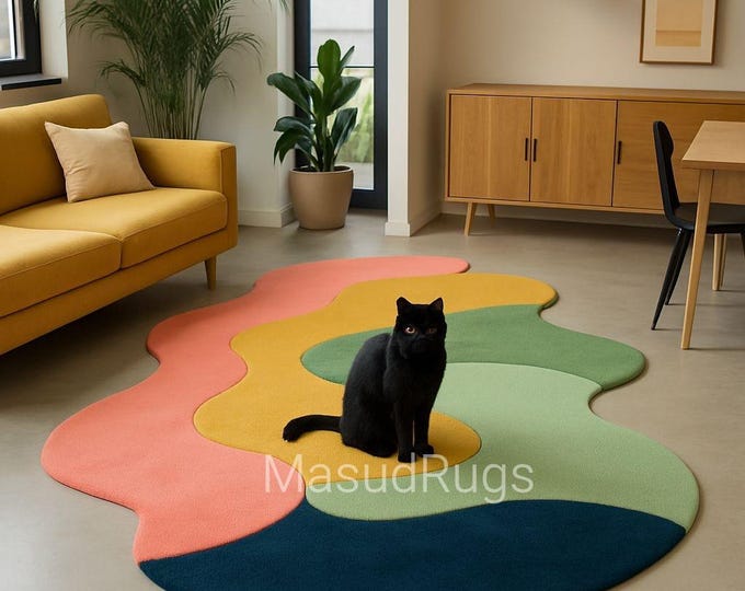 Multicolor Irregular Wool Carpet for Modern Living Rooms Colorful Wavy Area Rug Featuring Flowing Colors, Cozy Home Decor Rug 6x9 7x10 8x19