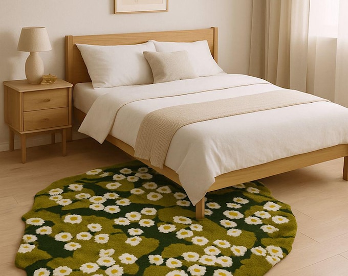 Wavy-patterned carpet for the living room or bedroom, handmade 6-by-6-foot area rug in any space, and flower-green-white irregular rug