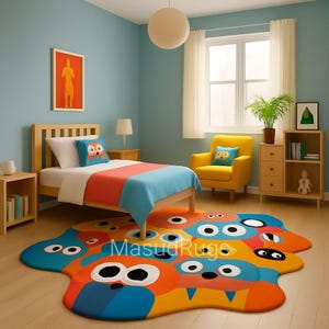 Alfombra con diseño de ojos de monstruo: colorida alfombra infantil de formas irregulares para dormitorio o sala de juegos. Alfombra con dibujos animados extravagantes: habitación infantil luminosa.