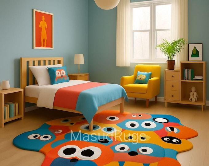 Monster Eyes Splash Rug—Colorful Irregular-Shaped Kids' Carpet for Bedroom or Playroom—Whimsical Cartoon Blob Rug—Bright Children's Room