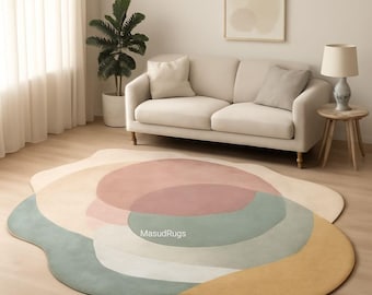 Soft Handmade Rug—Irregular Abstract Carpet in Pastel Pink, Sage Green & Golden Beige Tones for Modern Living  5x8 6x9 8x10 Feet in size