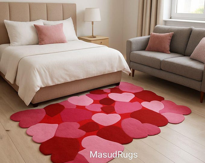Pink and Red Heart Rug Carpet of Hearts Love on the Floor Valentine's Day Rectangle 5x8 Feet handmade Rugs For Living Room Gaming Area 8x10