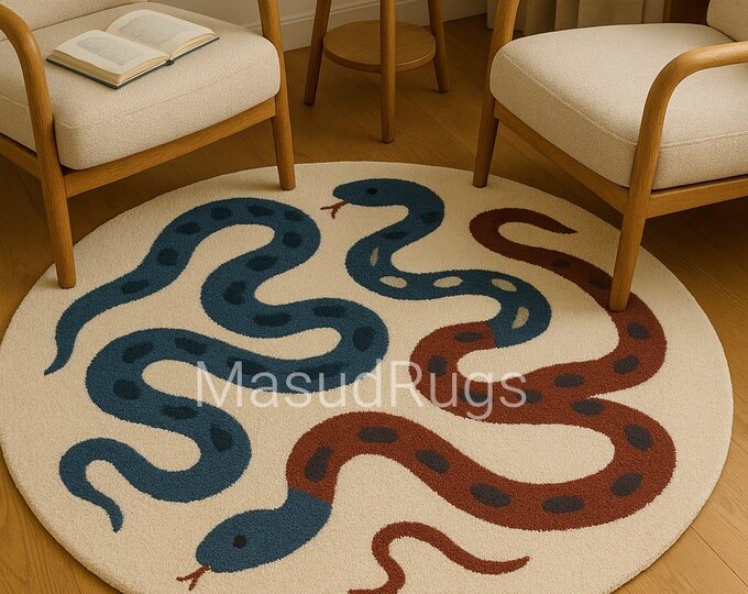 snack rug Handmade Circle Rug – Blue & Brown Serpent Design | Modern Round Carpet for Living Room Kids Room | Unique Animal Decor Rugs