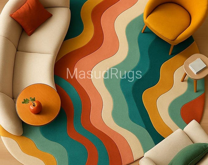 Retro Wavy Round Rug – Colorful Mid-Century Modern Area Carpet for Living Room  Wavy, Colorful, Modern, Organic Ripple Design Rug 5x8 6x9 Ft