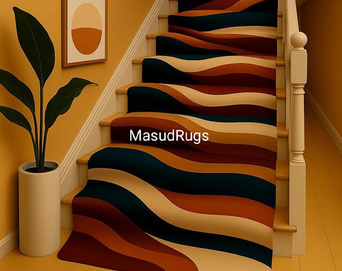 Custom Wave Stair Tread Rugs – Non-Slip, Soft Texture | Bold Colorful Stair Runner | Modern Home Decor for Hallways, Gallery & Steps 3x10 ft