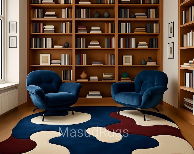 Midnight Melt Abstract Rug—Irregular Modern Carpet in Navy, Cream & Maroon for Living Room Modern Organic Design Rug in a Library/Study