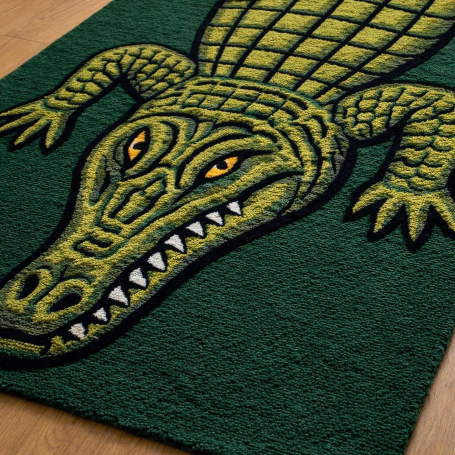 Unique Shape Runner Rug Crocodile Shape Handmade Wool Runner Rug – Green Alligator Hallway ...