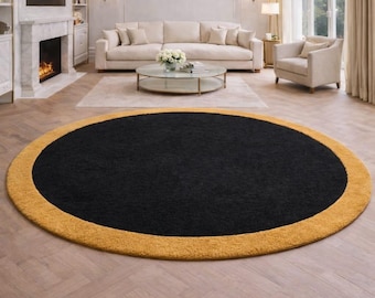 Luxury Round Black Rug with Gold Border, Modern Statement Area Rug, Designer Circle Carpet, Minimalist Living Room Rug, Hotel Lobby Rug,