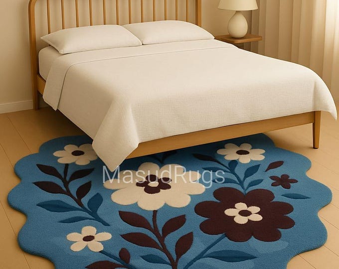 Blue Blossom Garden Rug—Scalloped Floral Wool Carpet for Bedroom or Living with Blue Flower Rug Flower-Shaped Rug under Wooden Bed