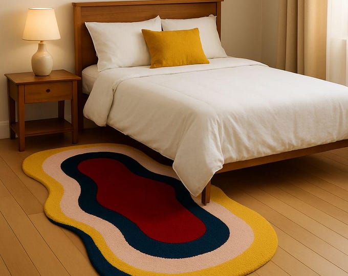 Bedroom & Living Room Abstract Rug, Cozy Contours Handmade Rug, Modern Blue Art Area Rug, Living Room Rug Yellow and colorful 5x8 6x9 feet