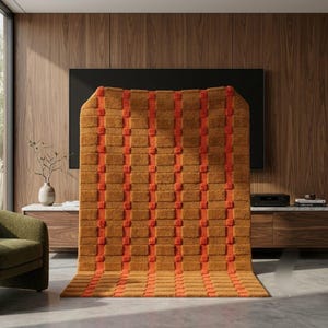Tappeto in lana trapuntato fatto a mano - Tappeto moderno arancione e ocra senape, tappeto a scacchi con texture 3D, tappeto geometrico personalizzato per soggiorno