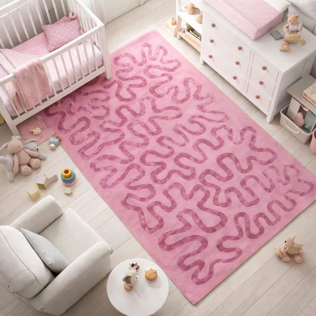 Hand Tufted Wool Nursery Rug, Pink Girls Room Rug, Soft Wavy Pattern ...