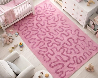 Hand Tufted Wool Nursery Rug, Pink Girls Room Rug, Soft Wavy Pattern Playroom Carpet, Modern Kids Bedroom Decor, Baby Shower Gift
