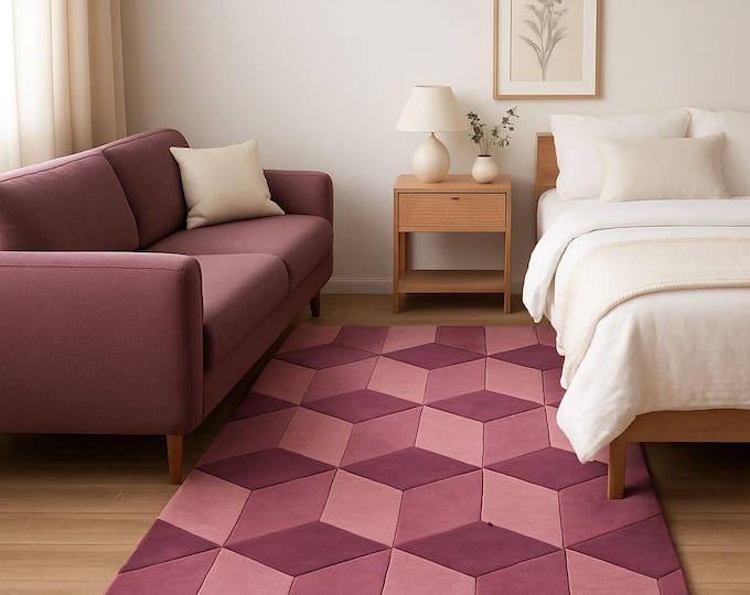 Pink Purple Geometric Rug – 3D Optical Illusion Cube Carpet – Hand-Tufted Modern Area 5x8 8x10 Rug for Living Room, Bedroom, or Office Decor