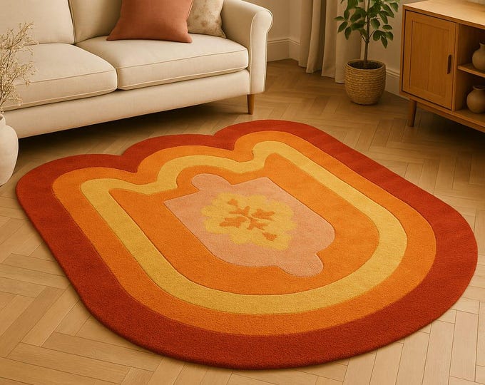 Orange rug Petal Cozy Retro Floral Rug Orange Petal  Orange 70s Floral Area Rug, bedroom, living room, kitchen, room, gaming area 5x8, 6x9