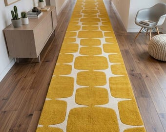 Tappeto a corsia giallo, in lana trapuntata con motivo geometrico, tappeto per corridoio, color senape moderno, tappeto lungo avorio, dimensioni personalizzate, tappeti di lusso per l'ingresso di casa