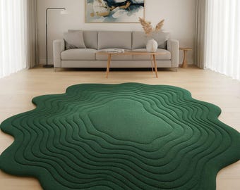 Wave Irregular 3D Rug Deep Green Irregular Hand Tufted Rug, Abstract Wavy Wool Rugs, Custom Indoor Carpet for Bedroom at Home and Kids' Room