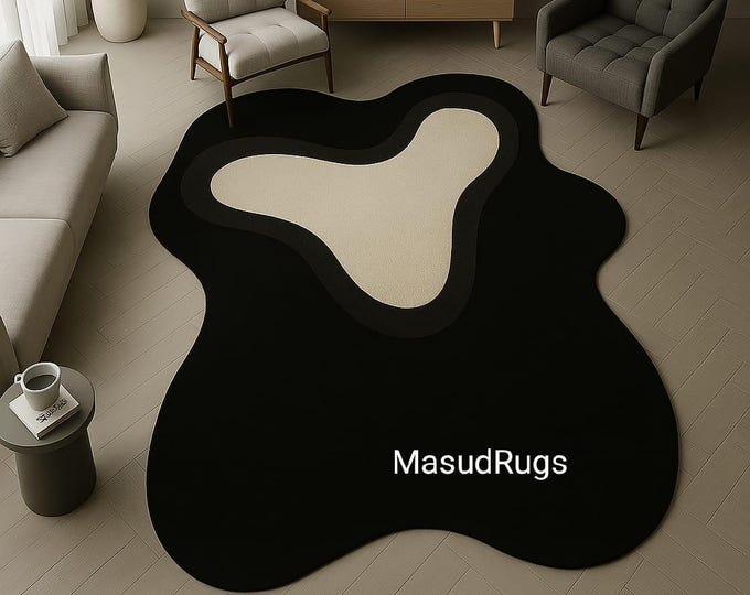 Irregular Modern Black Abstract Rug | Black & Beige Soft Wool Carpet for Artistic Living Room Decor bedroom Handmade rug 5x8 6x9 8x10 feet
