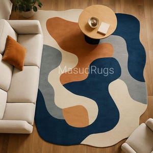 Rug Abstract Wool Organic Irregular Shape in Navy, Terracotta & Cream | Modern Multicolor Statement Area Rug for Artistic Living Rug 8x10