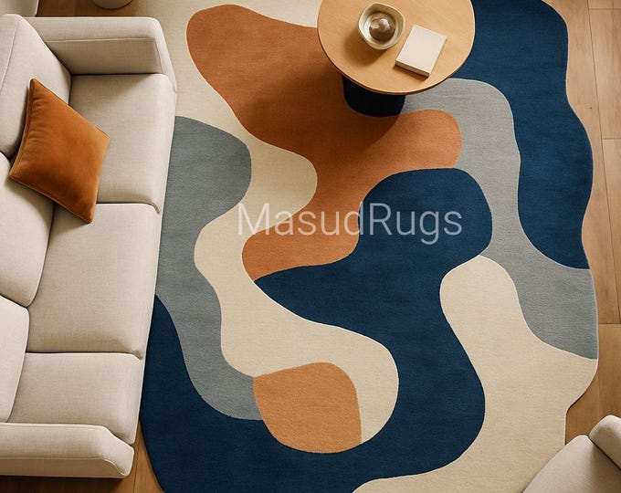 Modern Rug, Irregular Abstract Wool Carpet in Navy, Terracotta & Cream | Organic Design, Multicolor Statement Area Rug for Artistic Living