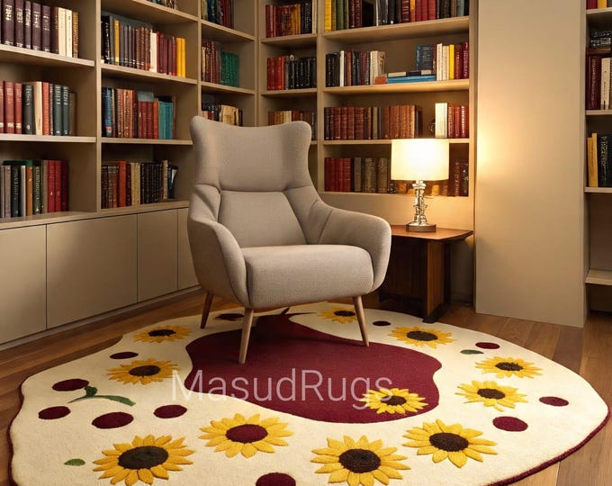 Round area rug with a sunflower theme in a library or book study garden, hand-tufted and irregular