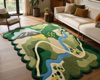 Hand-Tufted Landscape Rug, Nature Scenic Wool Area Rug, River-Mountain-Shaped Rug, Organic Living Room Carpet, Custom Handmade Rug
