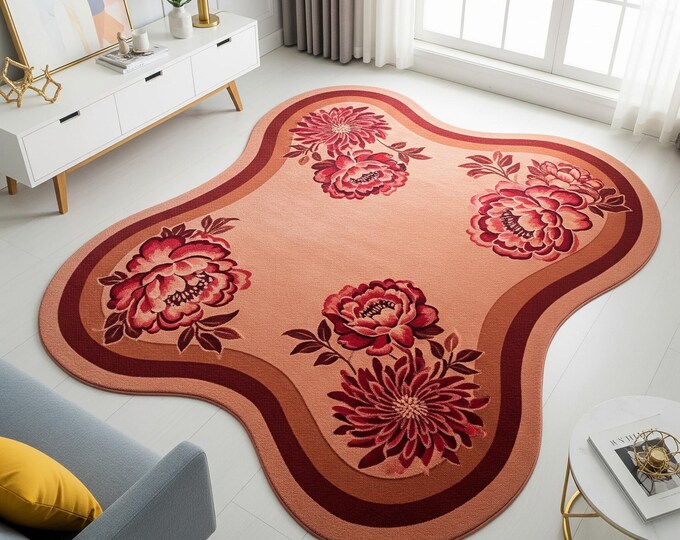 artisanal malting rug in two fashionable hues Red Bedroom Living Red Floral Rug with Layered Flower Melting Blooms An asymmetrical shaped,