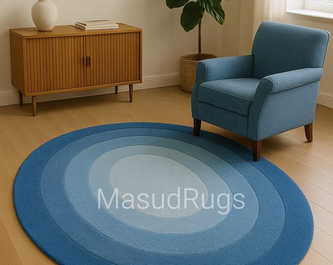 Oval Rug Circal Deep Blue Horizon Rug, Blue Gradient Round Rug – Modern Concentric Circle Wool Carpet for Living Room 8x8 10x10 Rug Handmade