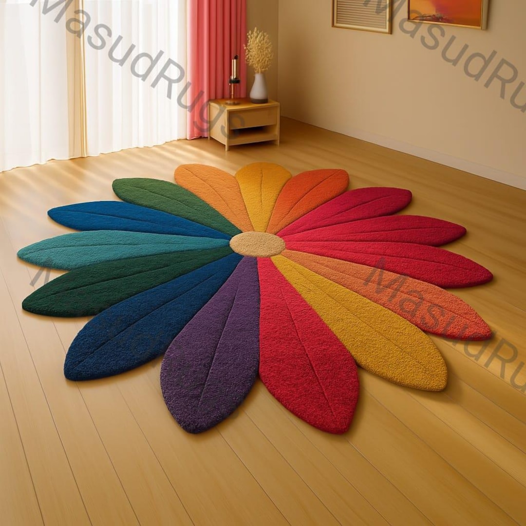 Handmade Rainbow Flower Rug, Colorful Wool Area Rug for Kids Room ...
