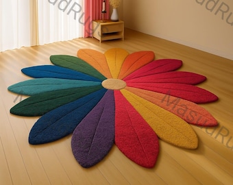 Handgemaakt tapijt met regenboogbloemen, kleurrijk wollen vloerkleed voor kinderkamer, inrichting kinderkamer, boho speelkamermat, groot handgetuft bloementapijt