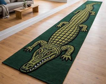 Crocodile Shape Handmade Wool Runner Rug – Green Alligator Hallway Carpet, Animal Design Long Runner, Kids Room Play Rug, Unique Floor Decor
