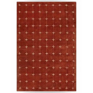 May include: A rectangular area rug in a deep terracotta red color featuring a grid pattern formed by thin, light cream-colored lines that intersect at regular intervals to create a series of uniform squares across the entire surface.