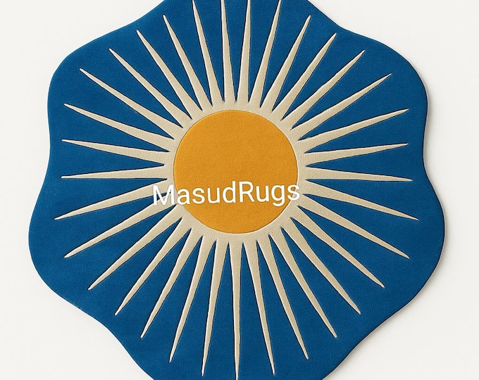 Midnight Sun Round Rug – Bold Blue & Yellow Starburst Wool Carpet for Bedroom or Living Room Bedroom Brightened: Cat and Sunburst Design