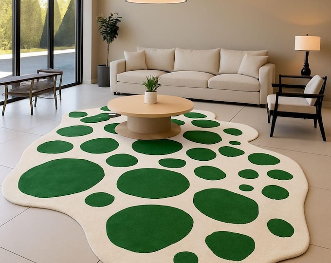 Handcrafted Green Bloom Design Artistic Tufted Rug for Minimalist Interiors Handmade Designer Rug for Cozy Bedrooms – Irregular Shape rugs