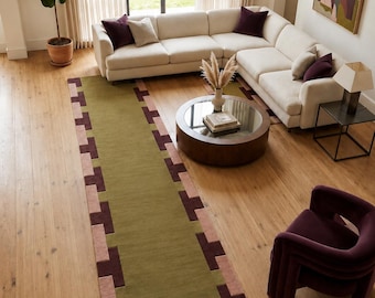Hand Tufted Runner Wool Rug, Modern Geometric Border Area Runner Carpet, Green Burgundy Living Room Rug