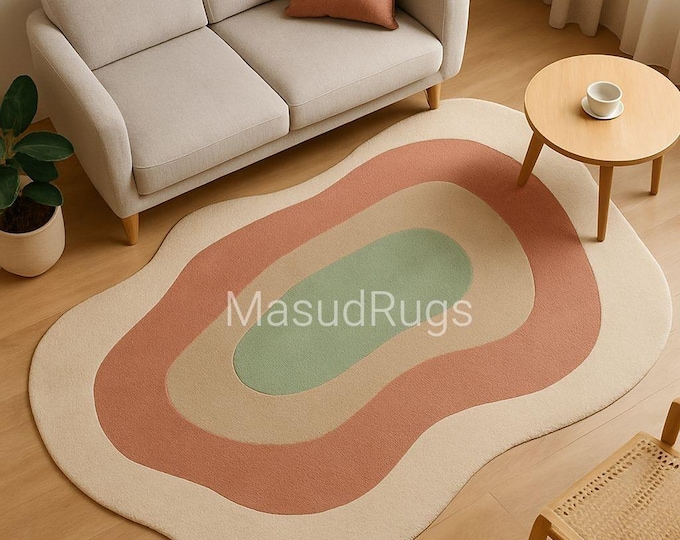 Pastel Oasis Rug—Irregular Abstract Wool Carpet in Soft Green, Peach, Beige & Cream for Cozy Modern Multi-Tone Irregular Contour Line Rug