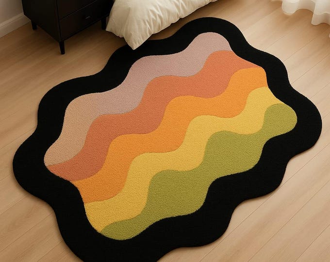 Irregular Wavy Rug | Black Trim & Colorful Modern Contour Wave Area Rug Design | Modern Handmade Area Rug | Flooring for Living Room Bedroom