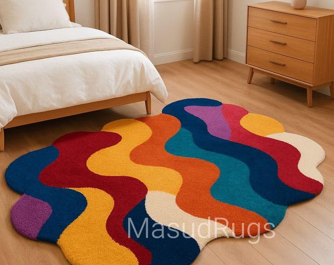 irregular Light Blue Burnt Orange Handmade Rugs, Modern Wool Rug for Kids' Room, Abstract Living Room Dingg Rug, Hand Tufted 8x10 9x12 Feet,