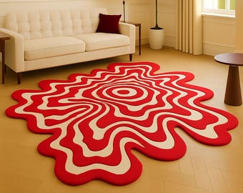 Red Abstract Wavy Area Rug – Modern Tufted Statement Carpet, Organic Shape Living Room Decor, Retro Funky Floor Art
