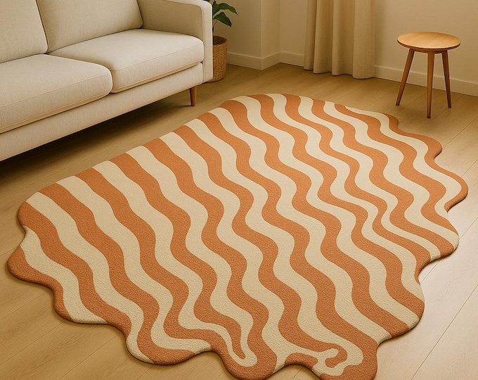 Irregular Shape & Two-Tone Design Melting Wave Abstract Rug | Unique Contoured Pattern | Abstract Flow Rug | Melting Wave Orange Area Rug