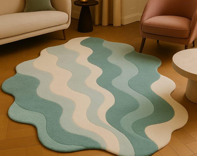 Irregular Colorful Area Carpet, Wavy Abstract Navy Rug 5x8 Feet, Modern Aesthetic Decor, for Bedroom, Living Room, Kitchen, and any room