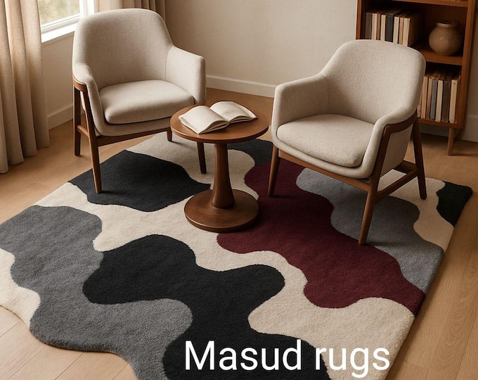 Modern Earth Tones Abstract Rug—Irregular Color Block Wool Carpet for Living Room or Organic Shape Rug in Gray, Black, Cream, and Maroon